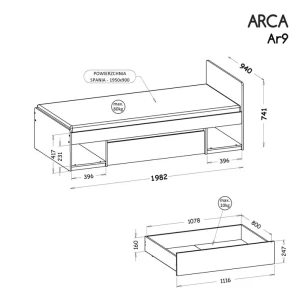 Bett 90x195 cm mit Schublade Arca 09 Eiche Wotan/Weiß