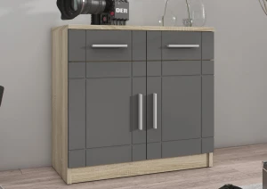 Schrankwand mit Vitrine Paris GR01 mit 2 Kommoden 3D 2S und 2D 2S Graphit/Eicheonoma + LED