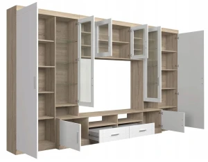 Schrankwand mit Vitrine Paris GR01 mit 2 Kommoden 3D 2S und 2D 2S Graphit/Eicheonoma + LED