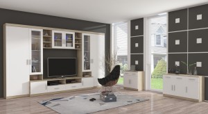 Oberschrank mit Display Paris WH01 mit 2 Kommoden 3D 2S und 2D 2S Weiß/Sonoma Eiche + LED