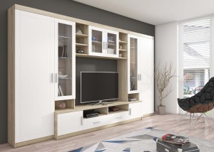 Oberschrank mit Display Paris WH01 mit 2 Kommoden 3D 2S und 2D 2S Weiß/Sonoma Eiche + LED