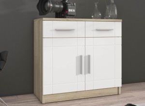 Oberschrank mit Display Paris WH01 mit 2 Kommoden 3D 2S und 2D 2S Weiß/Sonoma Eiche + LED