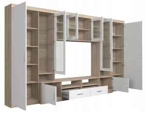 Oberschrank mit Display Paris WH01 mit 2 Kommoden 3D 2S und 2D 2S Weiß/Sonoma Eiche + LED