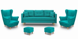 Skandinavische Schlafsofa und 2 Sessel mit Fußhockern Türkis