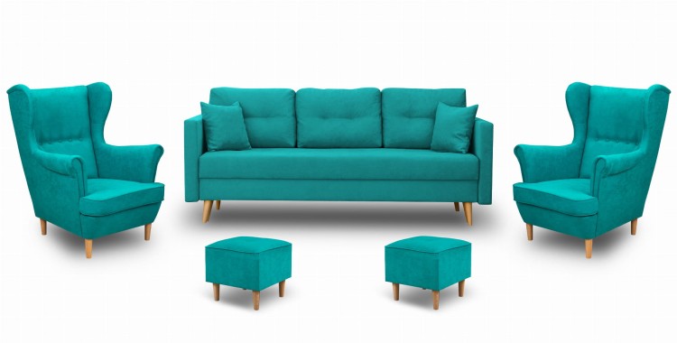 Skandinavische Schlafsofa und 2 Sessel mit Fußhockern Türkis