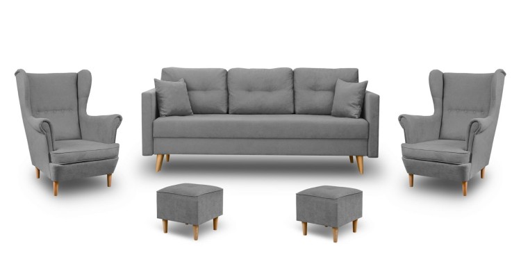 Skandinavische Schlafsofa und 2 Sessel mit Fußhockern Grau