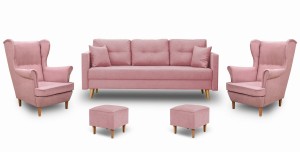 Skandinavische Schlafsofa und 2 Sessel mit Fußhockern Rosa