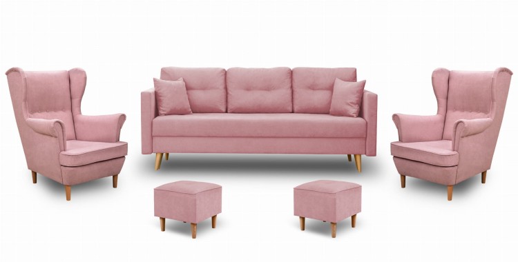 Skandinavische Schlafsofa und 2 Sessel mit Fußhockern Rosa