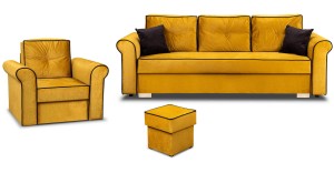 Lounge Set Merida Schalfsofa + Sessel mit Fußhocker Gelb