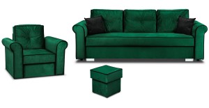 Lounge Set Merida Schalfsofa + Sessel mit Fußhocker Dunkelgrün