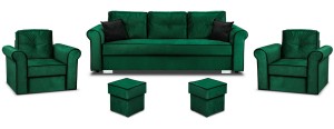 Lounge Set Merida Schalfsofa + 2 Sessel mit Fußhockern Dunkelgrün