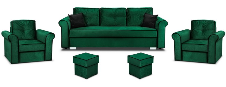 Lounge Set Merida Schalfsofa + 2 Sessel mit Fußhockern Dunkelgrün