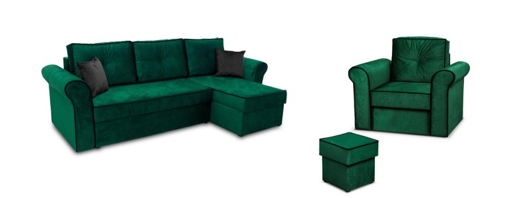 Ecksofa Trevor und Sessel mit Fußhocker Dunkelgrün