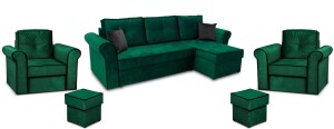 Ecksofa Trevor und 2x Sessel mit Fußhockern Dunkelgrün