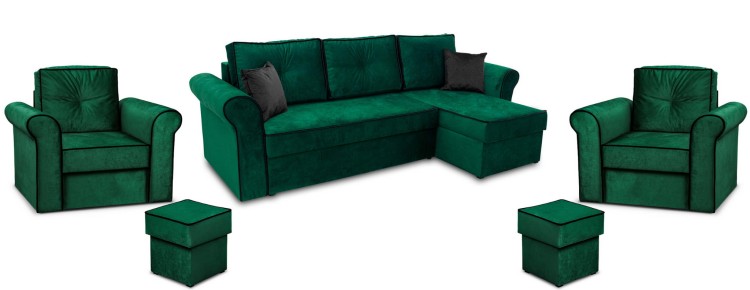 Ecksofa Trevor und 2x Sessel mit Fußhockern Dunkelgrün