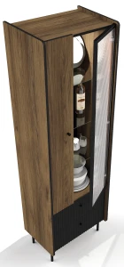 LED-Glasvitrine mit Schubladen Prestigo P3 1D1W2S Schwarz/Eiche/San Sebastian