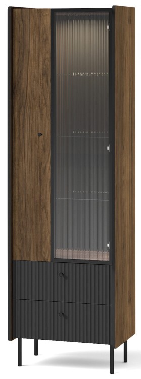 LED-Glasvitrine mit Schubladen Prestigo P3 1D1W2S Schwarz/Eiche/San Sebastian