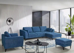 Linke Ecke Schlafsofa mit Schlaffunktion und Staukasten Imperia Blau