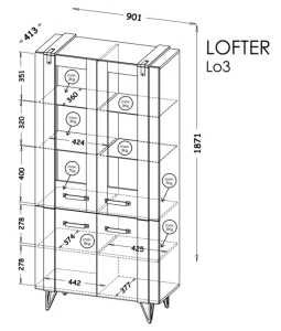 Vitrine 90 cm mit Glas für Wohnzimmer Lofter L03 Concrete Millenium Eiche Wotan