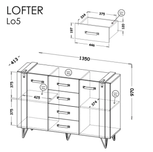 Lofter LO5 Concrete Millenium Eiche Wotan 135 cm Kommode für Wohn- und Schlafzimmer