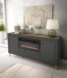Wohnzimmerkommode Mossa MO7 mit Kamin Schwarz /Whiskyeiche