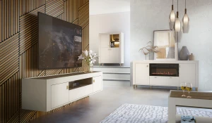 Wohnzimmerkommode Mossa MO7 mit Kamin Cashmere/Whiskyeiche