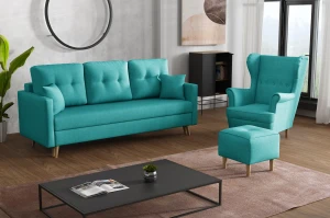 Skandinavische Schlafsofa und 2 Sessel mit Fußhockern Türkis