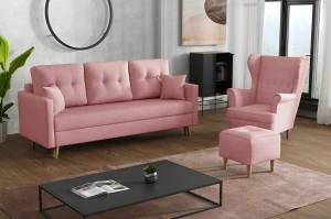 Skandinavische Schlafsofa und 2 Sessel mit Fußhockern Rosa