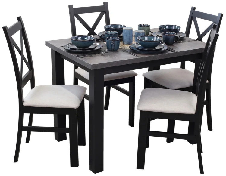 Tisch 100x70 Schwarz/Beton mit 4 Stühlen Schwarz/Beige M004-4