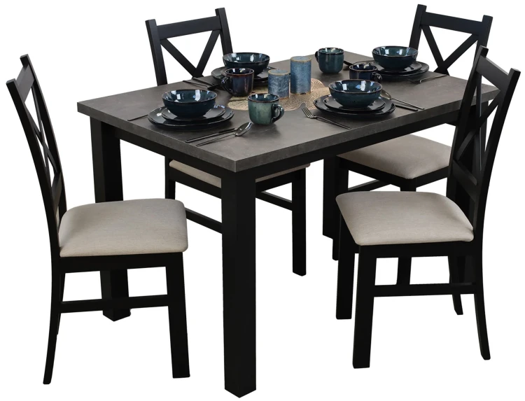 Tisch 120x80 Schwarz/Beton mit 4 Stühlen Schwarz/Beige M005-4