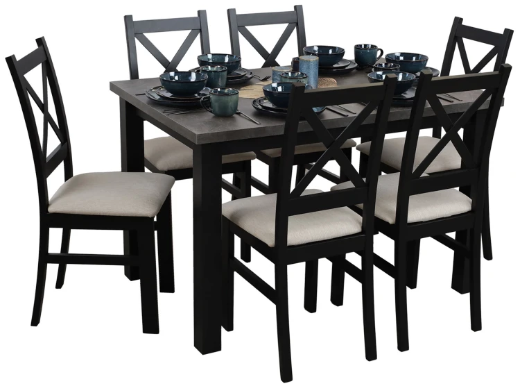 Tisch 120x80 Schwarz/Beton mit 6 Stühlen Schwarz/Beige M005-6