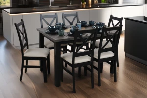 Tisch 120x80 Schwarz/Beton mit 6 Stühlen Schwarz/Beige M005-6