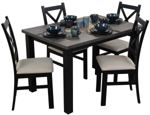Ausziehbarer Tisch 150/190x80 Schwarz/Beton mit 4 Stühlen Schwarz/Beige M006-4