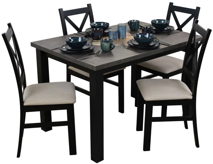 Ausziehbarer Tisch 150/190x80 Schwarz/Beton mit 4 Stühlen Schwarz/Beige M006-4