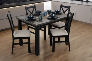 Ausziehbarer Tisch 150/190x80 Schwarz/Beton mit 4 Stühlen Schwarz/Beige M006-4