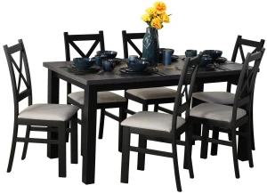 Ausziehbarer Tisch 150/190x80 Schwarz/Beton mit 6 Stühlen Schwarz/Beige M006-6
