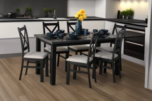 Ausziehbarer Tisch 150/190x80 Schwarz/Beton mit 6 Stühlen Schwarz/Beige M006-6