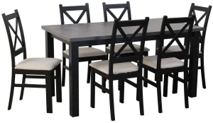 Ausziehbarer Tisch 150/190x80 Schwarz/Beton mit 6 Stühlen Schwarz/Beige M006-6