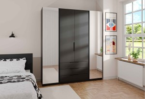 Kleiderschrank für den Flur, 4-türig mit Spiegel und Schubladen Dravero BL/BL 2L 2F 3S