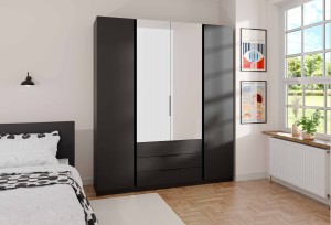Kleiderschrank für den Flur 4-türig mit Spiegel und Schubladen Dravero BL/BL 2F 2L 3S