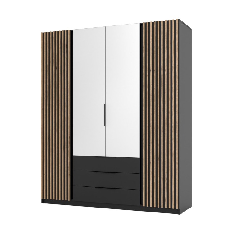 Kleiderschrank für den Flur 4-türig mit Spiegel und Lamellen Dravero BL/BL-EV 2LAM 2L 3S