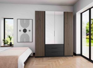 Kleiderschrank für den Flur 4-türig mit Spiegel und Lamellen Dravero BL/BL-EV 2LAM 2L 3S