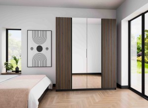 Kleiderschrank für den Flur 4-türig mit Spiegel und Lamellen Dravero BL/BL-EV 2LAM 2L
