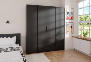 Kleiderschrank für den Flur 4-türig mit Schubladen und Regalböden Dravero BL/BL 4F 3S