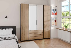 Kleiderschrank für den Flur 4-türig mit Spiegel und Schubladen Dravero BL/EV 2F 2L 3S