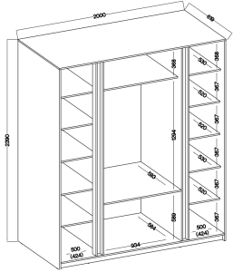 Kleiderschrank für den Flur 4-türig mit Spiegel und Regalböden Dravero BL/EV-BL 2LAM 2L 3S