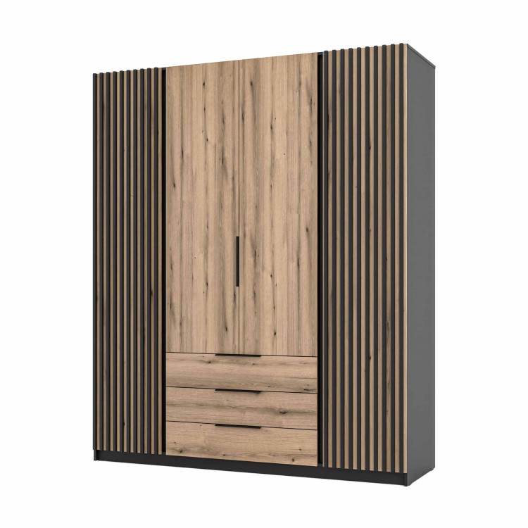 Kleiderschrank für den Flur 4-türig mit Regalböden und Lamellen Dravero BL/EV-BL 2LAM 2F 3S