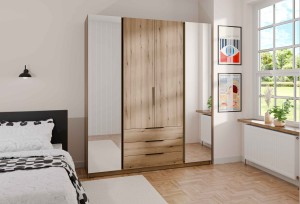 Kleiderschrank für den Flur 4-türig mit Spiegel und Schubladen Dravero EV/EV 2L 2F 3S