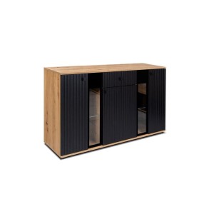 Dreitürige Kommode mit Lamellen für das Wohnzimmer Salsa Lamele BL/AR20 Schwarz/Eiche Artisan