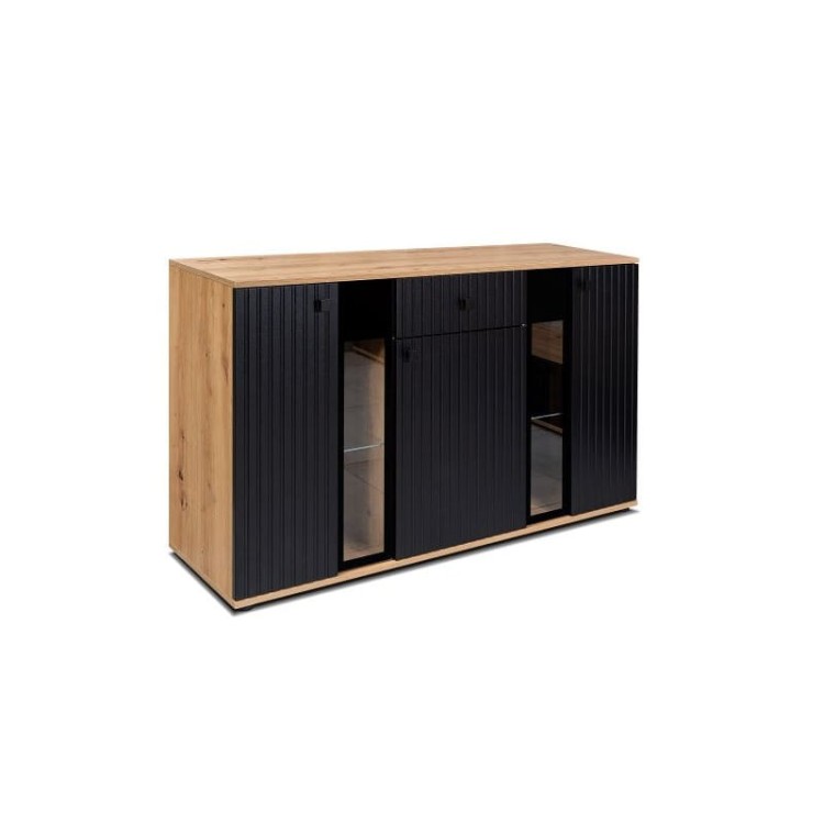 Dreitürige Kommode mit Lamellen für das Wohnzimmer Salsa Lamele BL/AR20 Schwarz/Eiche Artisan